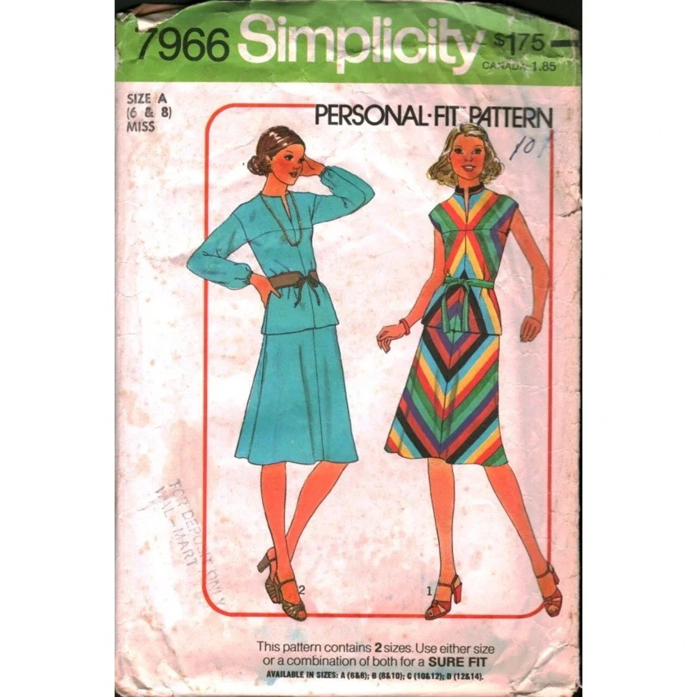 Vintage 1977 Simplicity 7966 Sewing Pattern Misses Bias Two‎ Piece Dress Size 6